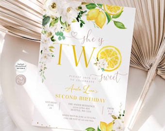 Editable blanco limonada 2 º cumpleaños invitación dos dulce limón cumpleaños invitación sol limón cumpleaños invitación descarga instantánea 157K4