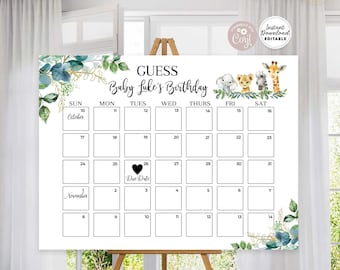 May include: A printable baby shower game sign with a calendar for guests to guess the baby's birthday. The calendar has a heart on the due date and the text "Guess Baby Luke's Birthday". The sign is decorated with green and gold watercolor leaves and animal illustrations.