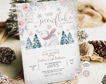 Editable Winter Muted Dusty Pink A Sweet Little Snowflake Polar Bear Baby Shower Invitation Girl Invite Instant Download 887V2 (5)