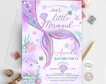 Editable Under the Sea Purple Teal Little Mermaid Birthday Invitation Birthday Invite Invites Printable Template Instant Download 1329V2 (1)