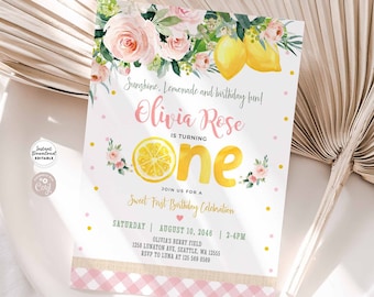 Editable Lemon Lemonade First Birthday Invitation Berry ONE Yellow Pink Picnic First Birthday Invite Invites Instant Download 1028 (2)