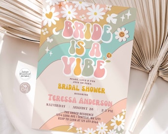 Editable Groovy Bride Is A Vibe Invite Daisy Bridal Shower Hippie 70's Retro Bridal Invitation Instant Download 665BR1