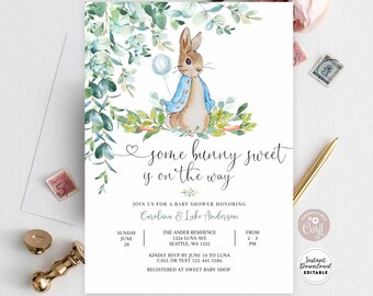 Editable Peter Rabbit Baby Shower Invitation Invites Boy Some Bunny Sweet is on the Way Invite Printable Template Instant Download 1455V1