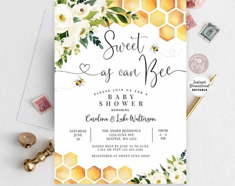 Editable Sweet As Can Bee Baby Shower Invitation Gender Neutral Mommy to Bee Shower Invite Printable Template Instant Download 845V1 (1)