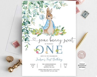 Editable Peter Rabbit Birthday Invitation Boy Bunny Peter Rabbit 1st Birthday Invite Printable Template Instant Download 1455K1 (1)