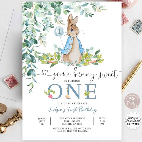 Peter Rabbit First Birthday Invitation Editable Invite - Etsy
