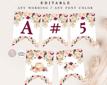 Op de afbeelding: Een printbare banner met een bloemenontwerp in tinten roze, wit en bordeauxrood. De banner bevat de letters "A", "#" en "5" in een bordeauxrode lettertype. De banner is bewerkbaar en kan worden aangepast met elke tekst en letterkleur.