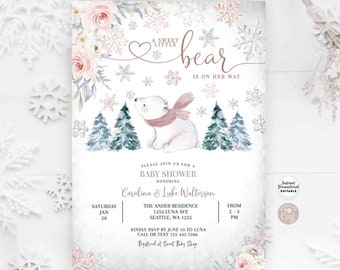 Editable Winter Muted Dusty Pink Snowflake Polar Bear A Sweet Little Bear Baby Shower Invitation Girl Invite Instant Download 887V2 (4)