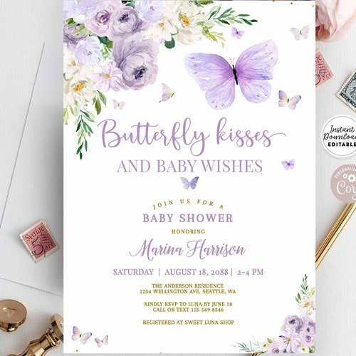 Editable Purple Gold Butterfly Baby Shower Invitation Lavender Etsy