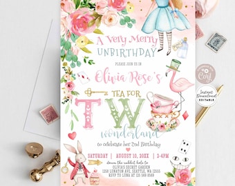 Editable Merry Unbirthday Alice in Wonderland Invitation Tea for TWO Wonderland Birthday Invite Printable Template Instant Download 789 (4)