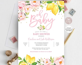 Puede incluir: Una invitación de baby shower rosa y amarilla con un diseño floral y limones. El texto dice "Oh Baby" e incluye los detalles del evento, incluida la fecha, la hora, la ubicación y la información de RSVP.