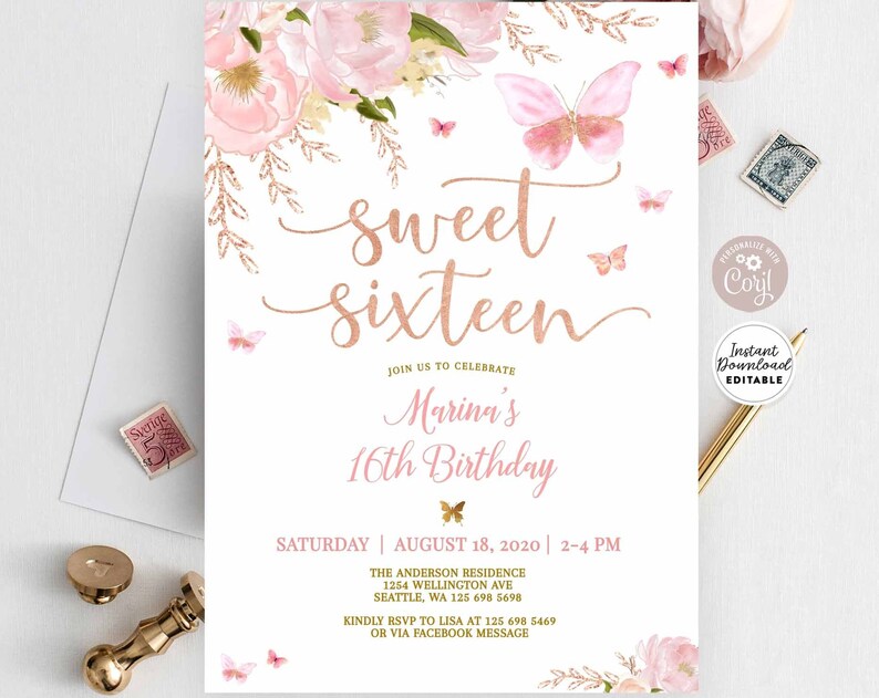 Editable Butterfly Pink Rose Gold Sweet 16 Birthday Invitation Teen Sweet Fifteen Birthday Party Template Instant Download