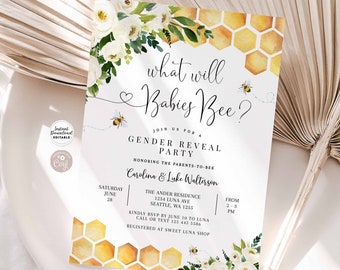 Editable What Will Babies Bee Twin Gender Reveal Party Baby Bee Invitation Gender Neutral Printable Template Instant Download 845V1 (3-1)