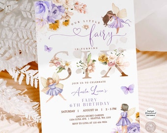 Peut inclure: Une invitation imprimable pour un 6ème anniversaire. L'invitation présente un motif floral violet et or avec une fée et le texte "Notre petite fée a six ans". L'invitation comprend également le texte "Rejoignez-nous pour célébrer le 6ème anniversaire de fée d'Anita Luna" ainsi que la date et l'heure de la fête.