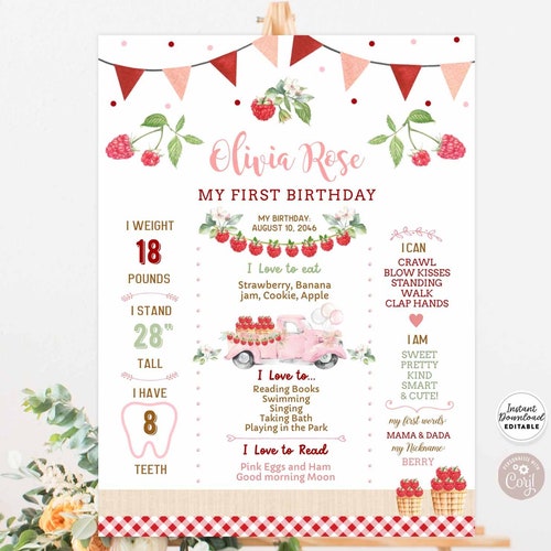 Editable Raspberry Birthday Milestone Poster Template Birthday Etsy