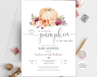 Editable Fall Baby Shower Invitation Pumpkin Baby Shower Pink Burgundy A Little Pumpkin On the Way Invite Template Instant Download AL28 (1)