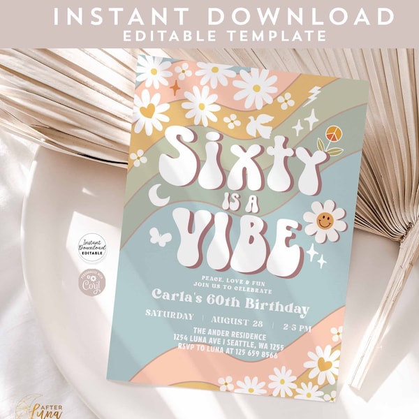 Editable 60th Muted Green Blue SIXTY is a Vibe Birthday Invite Daisy Hippie 70s Retro Birthday Invitation Instant Download 665K2 (60)