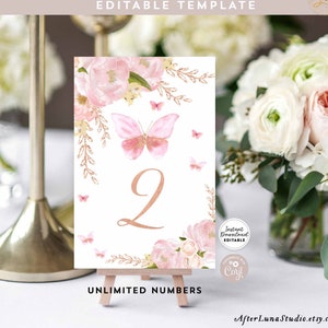 Editable Rose Gold Butterfly 4x6&quot; 5x7&quot; Table Number Unlimited Number Baby Shower Birthday Brunch Table Decor Template Instant Download 1406