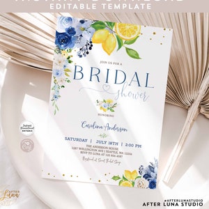 Editable Blue Lemon Bridal Shower Invitation Blue Floral Citrus Bridal Shower Invite Template Instant Download 157BR5 (3)