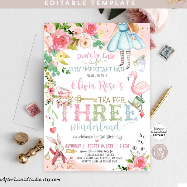 Editable Alice in Wonderland Invitation Tea for THREE 3rd Birthday Mad Tea Party Invite Printable Template Instant Download 789 (5)