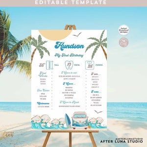 May include: A blue and green printable first birthday sign with a beach theme. The sign features a surfboard, a van, and a palm tree. The sign says "Hundson My First Birthday" and includes details like height, weight, and favourite foods.