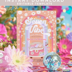 Editable SEVEN is a Vibe 7th Birthday Invitation Daisy Groovy Van Hippie Rainbow Birthday Invite Invites Instant Download Template 607K1 (7)