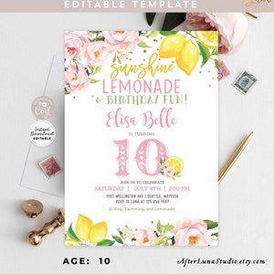 Editable Lemonade 10th Birthday Invitation Pink Lemon Birthday Invitation Sunshine Lemon Lemonade and Fun Invite Instant Download AL1490