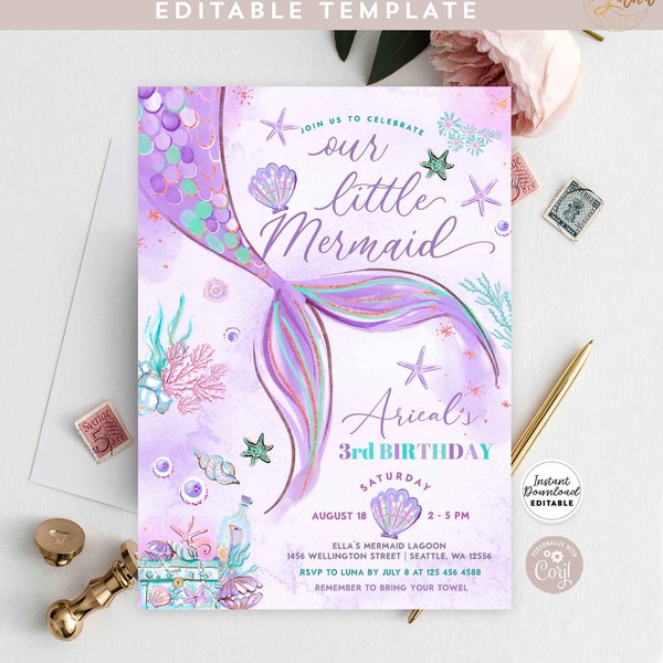 Editable Under the Sea Purple Teal Little Mermaid Birthday Invitation Birthday Invite Invites Printable Template Instant Download 1329V2 (1)