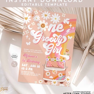 Editable ONE Groovy Girl Pink Peach Van Daisy Rainbow Groovy 1st Birthday Hippie Party Invitation Template Instant Download 633K6 (1-1)