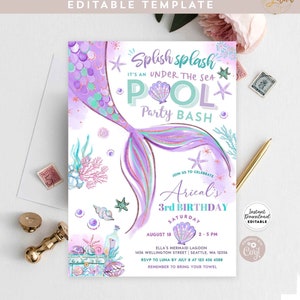 Bewerkbare zeemeermin Pool Party onder de zee paarse Teal zeemeermin verjaardag kleine zeemeermin uitnodigen afdrukbare sjabloon Instant Download 1329V1 (3)