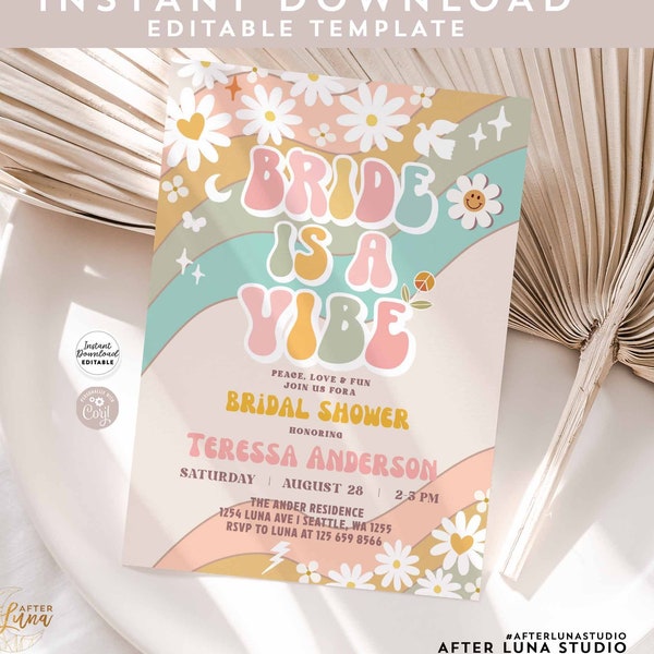 Editable Groovy Bride Is A Vibe Invite Daisy Bridal Shower Hippie 70's Retro Bridal Invitation Instant Download 665BR1