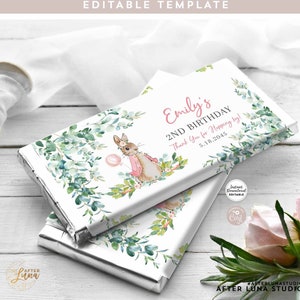 Flopsy modificabile coniglietto rosa Peter Rabbit compleanno festa favore involucro barretta di cioccolato favore etichette modello stampabile Download immediato 1455K2