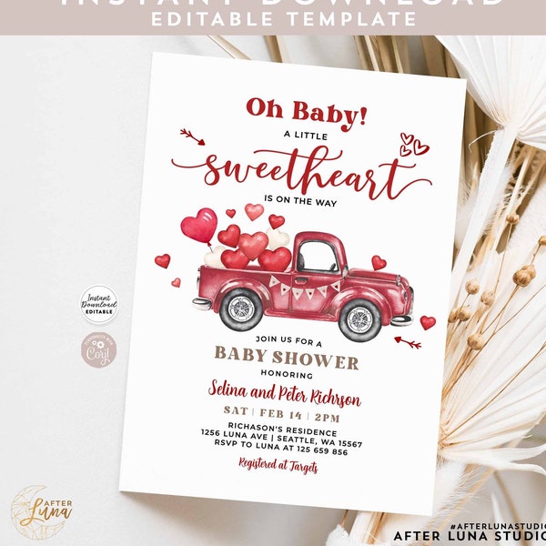 Editable Valentine Sweetheart Red Truck Baby Shower Sprinkle Invitation Gender Neutral Valentine Invite Template Instant Download 856V3 (1)