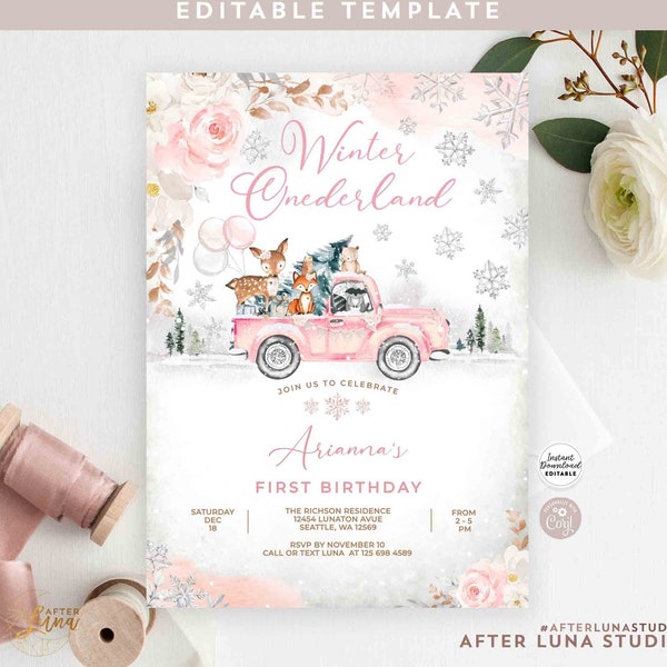 Editable Blush Pink Snowflake Pink Truck Winter Woodland Onederland 1st Birthday Invite Invitation Template Instant Download 1319K1