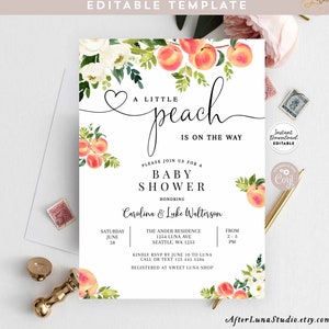 Editable A Little PEACH is on the Way White Floral Peach Couples Baby Shower Invitation Invites Template Instant Download 256V2 (1)