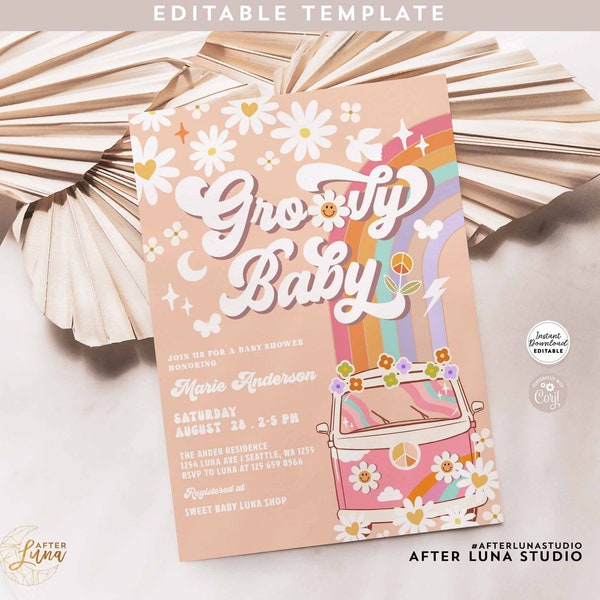 Editable Groovy Baby Invitation Pink Daisy Rainbow Hippie Groovy Van Retro Baby Shower Sprinkle Brunch Invitation Instant Download 680V1 (3)