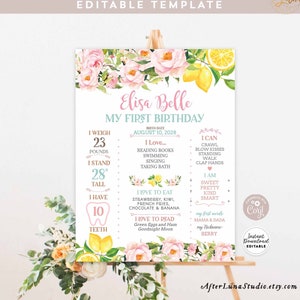 Bearbeitbare Rosa Blumen Zitrone Limonade Geburtstag Meilenstein Poster Geburtstag Fakten Erstes Jahr Andenken Geburtstag Poster Sofortiger Download AL1490