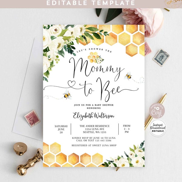 Editable Mommy to Bee Baby Shower Invitation Gender Neutral Mommy to Bee Baby Shower Invite Printable Template Instant Download 845V1 (2)