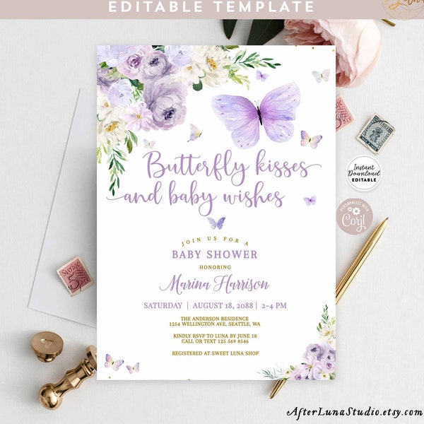 Editable Purple Lavender Gold Butterfly Kisses and Baby Wishes Baby Shower Sprinkle Invitation Printable Template Instant Download 554BB (1)