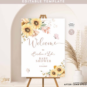 Editável Blush Sunflower Baby Shower Baby Sprinkle Sinal de boas-vindas Sinal de quintal 24x36 18x24 16x20 Modelo para impressão Download instantâneo 820V1
