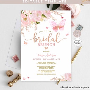 Editable Pink Rose Gold Butterfly Bridal Shower Bridal Brunch Invitation Invite Digital Printable Template Instant Download 1406BR