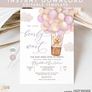 May include: A baby shower invitation with a watercolor illustration of a teddy bear in a hot air balloon with pink and beige balloons. The text reads "We can barely wait for baby Emma Rose to arrive. Join us for a baby shower honoring Elizabeth and Lee Anderson. Saturday, June 28, from 2-3 PM. The Ander Residence, 1254 Luna Ave, Seattle, WA 1255. Kindly RSVP by June 10 to Luna, call or text 125 445 5586. Registered at Sweet Luna Baby Shop."