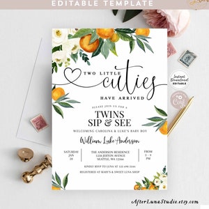 May include: A printable twin baby shower invitation with a watercolor illustration of orange blossoms and greenery. The text reads "Two Little Cutie Have Arrived" and includes details for a twins sip and see.