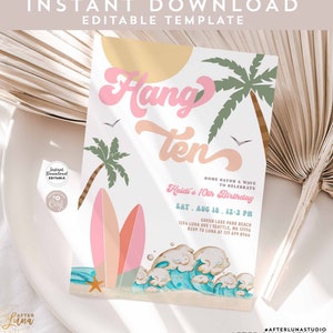 Editable Girl Hang Ten Surfing Birthday Party Invitation Pink Peach Surf Surfboard Beach Party Invite Instant Download 630K3 (4)