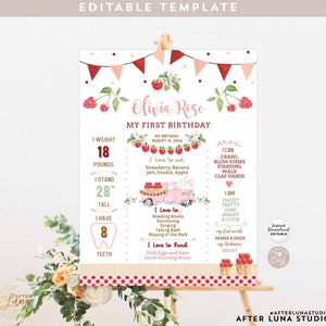 Puede incluir: Un cartel de primer cumpleaños imprimible en rosa y rojo con una ilustración de acuarela de un camión que lleva bayas. El cartel incluye el nombre Olivia Rose, la fecha 10 de agosto de 2046 y detalles sobre el peso, la altura y los hitos del niño.