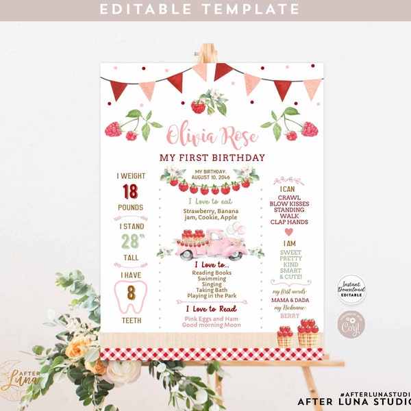 Editable Raspberry Birthday Milestone Poster Template Birthday Facts Berry Sweet Raspberry Birthday Decor Poster Instant Download 1474