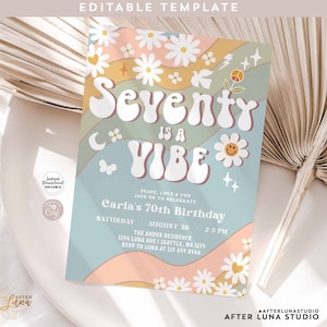Editable 70th Muted Green Blue SEVENTY is a Vibe Birthday Invite Daisy Hippie 70s Retro Birthday Invitation Instant Download 665K2 (70)