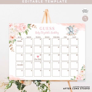 Calendario editable con diseño de elefante cacahuete rosa ruborizado para baby shower, con fecha de parto, plantilla de letrero para adivinar la fecha de nacimiento del bebé, descarga instantánea 288V1