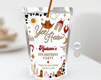 Può includere: Un modello di scatola di succo stampabile a tema western. Il modello presenta uno sfondo bianco con uno schema di colori rosso, bianco e blu. Il testo sul modello recita "Yee Haw! Hudson's 4th Birthday Party. Thank you for coming! August 30, 20XX".