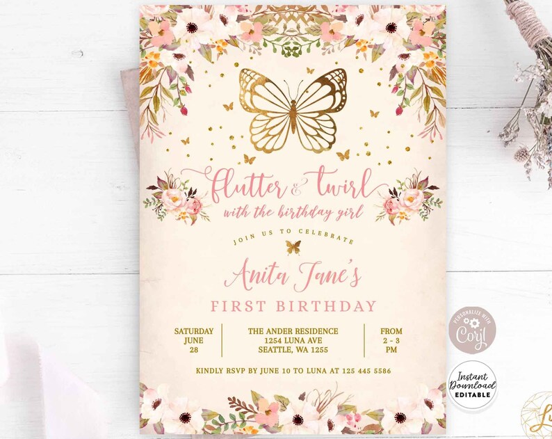 Editable Gold Butterfly Birthday Invitation Magical Flutter and Twirl Garden Floral Fairy Birthday Invite Template Instant